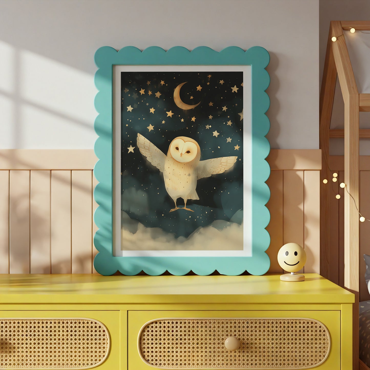 Dreamy Night Owl Under Crescent Moon Art Decor product type