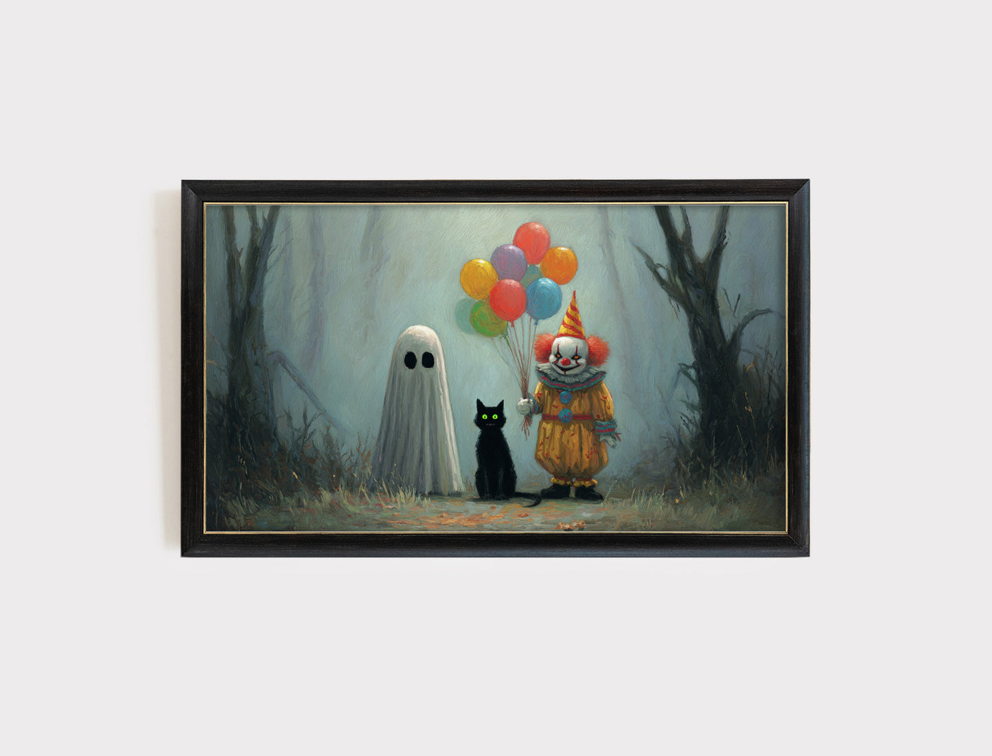 Spooky Clown and Ghost Art Print, Halloween Decor, Creepy Forest Painting, Kids Wall Art, Colorful Balloons Illustration