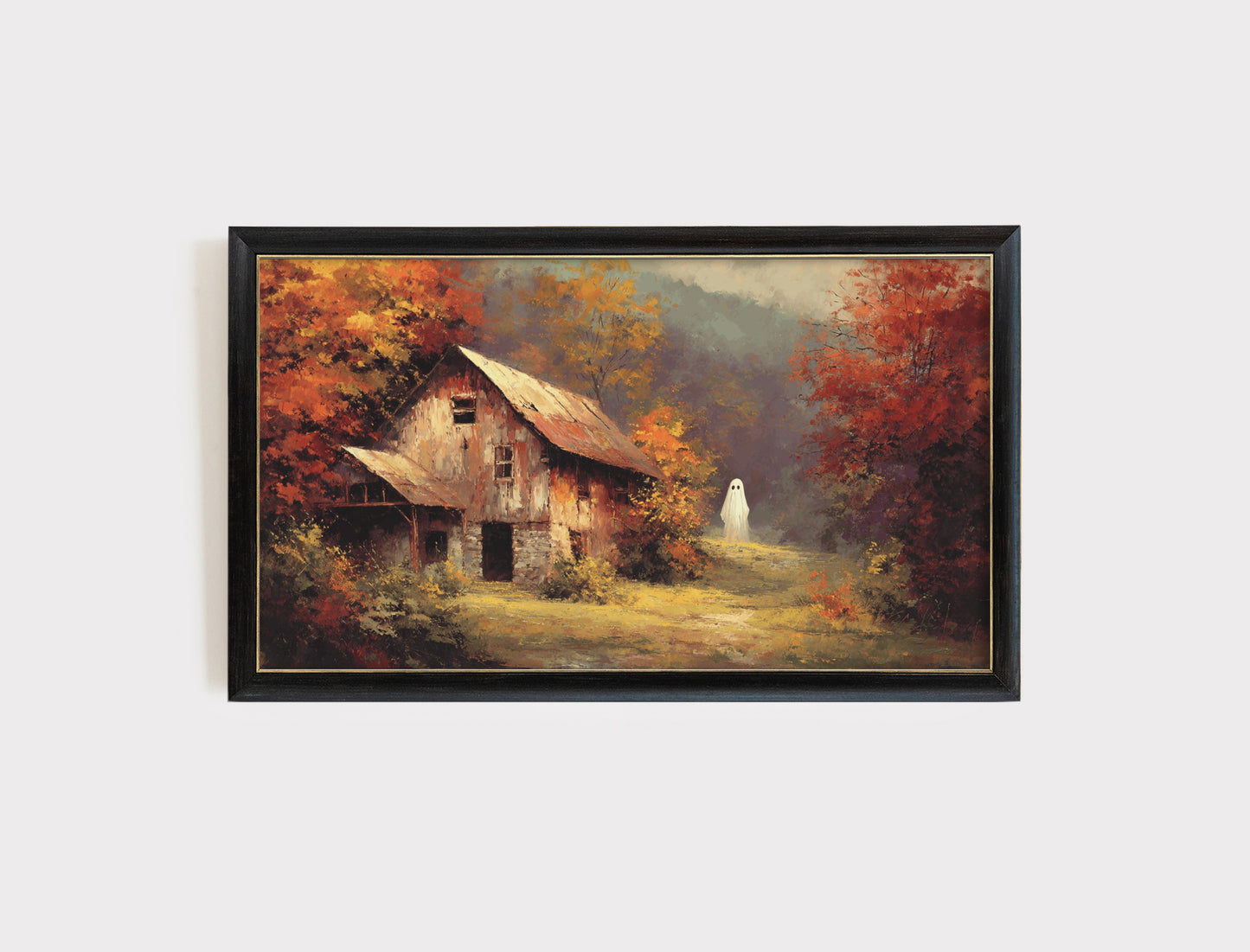 Rustic Autumn Barn Landscape Painting, Vintage Countryside Art, Fall Trees Wall Decor, Framed Artwork for Home