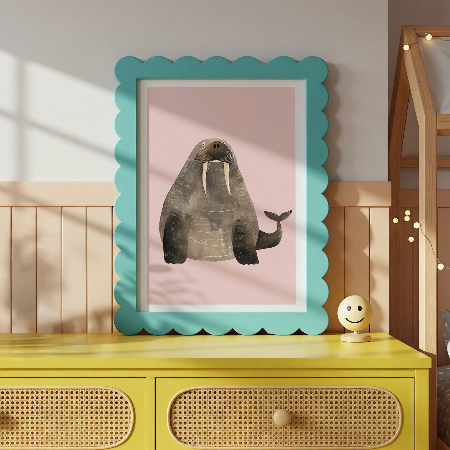 Whimsical Walrus Art Print with Teal Frame product type
