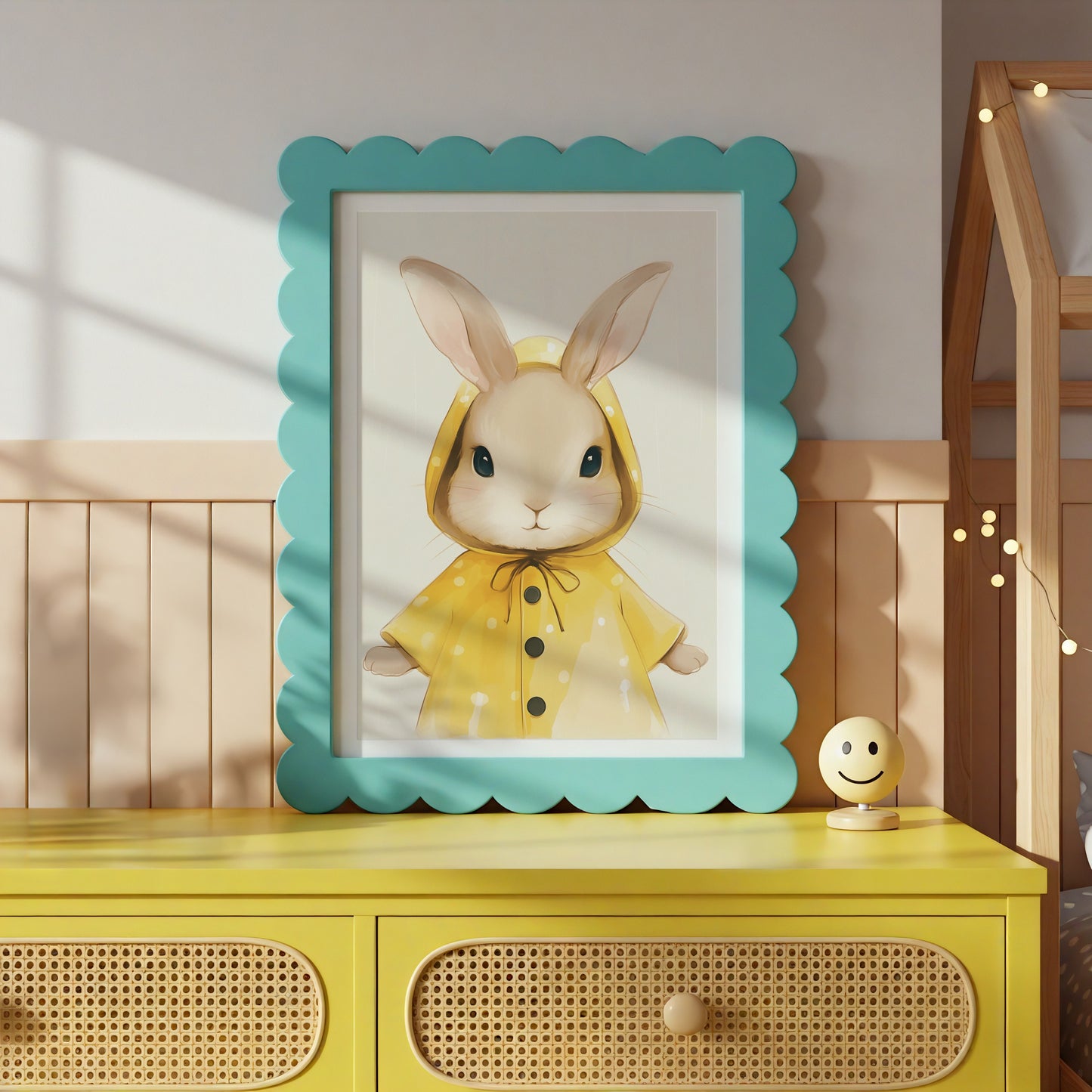 Whimsical Bunny in Yellow Raincoat Framed Art product