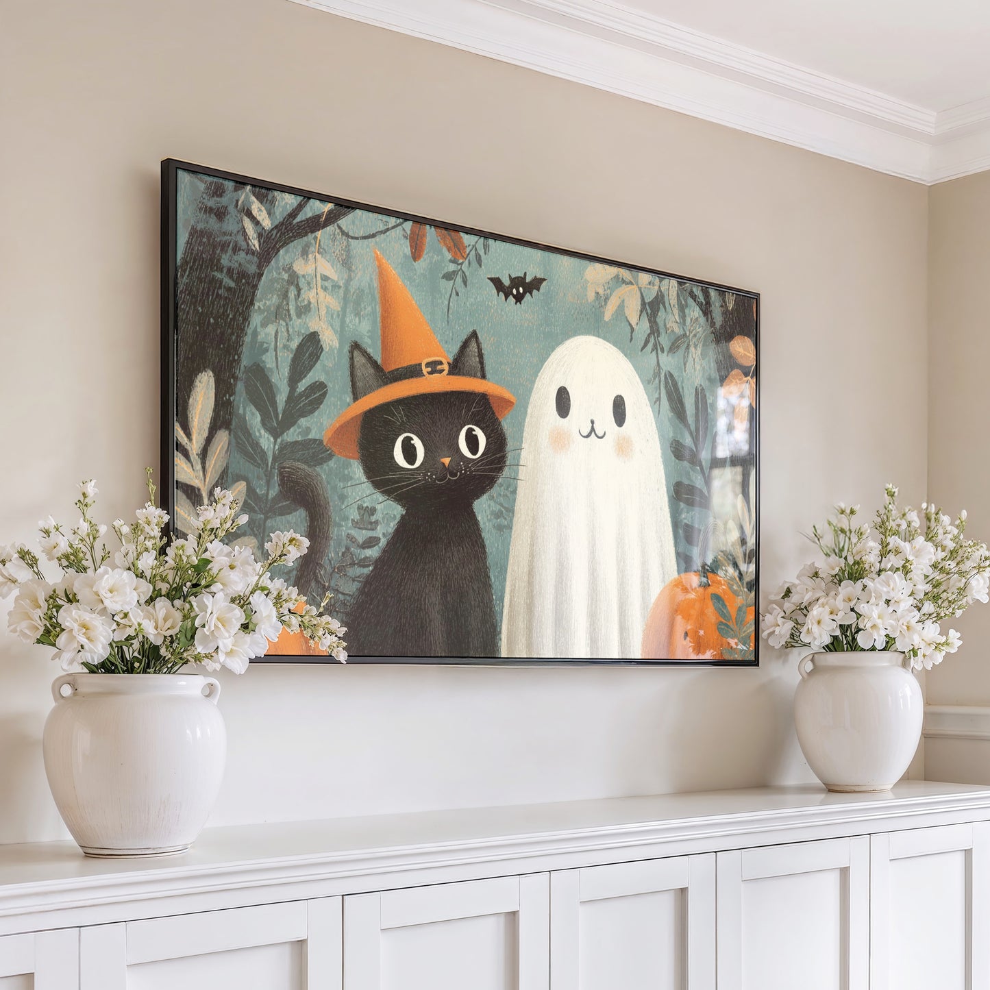 Halloween Cat and Ghost Canvas Art, Spooky Wall Decor, Witch Hat, Pumpkin, Home Decoration