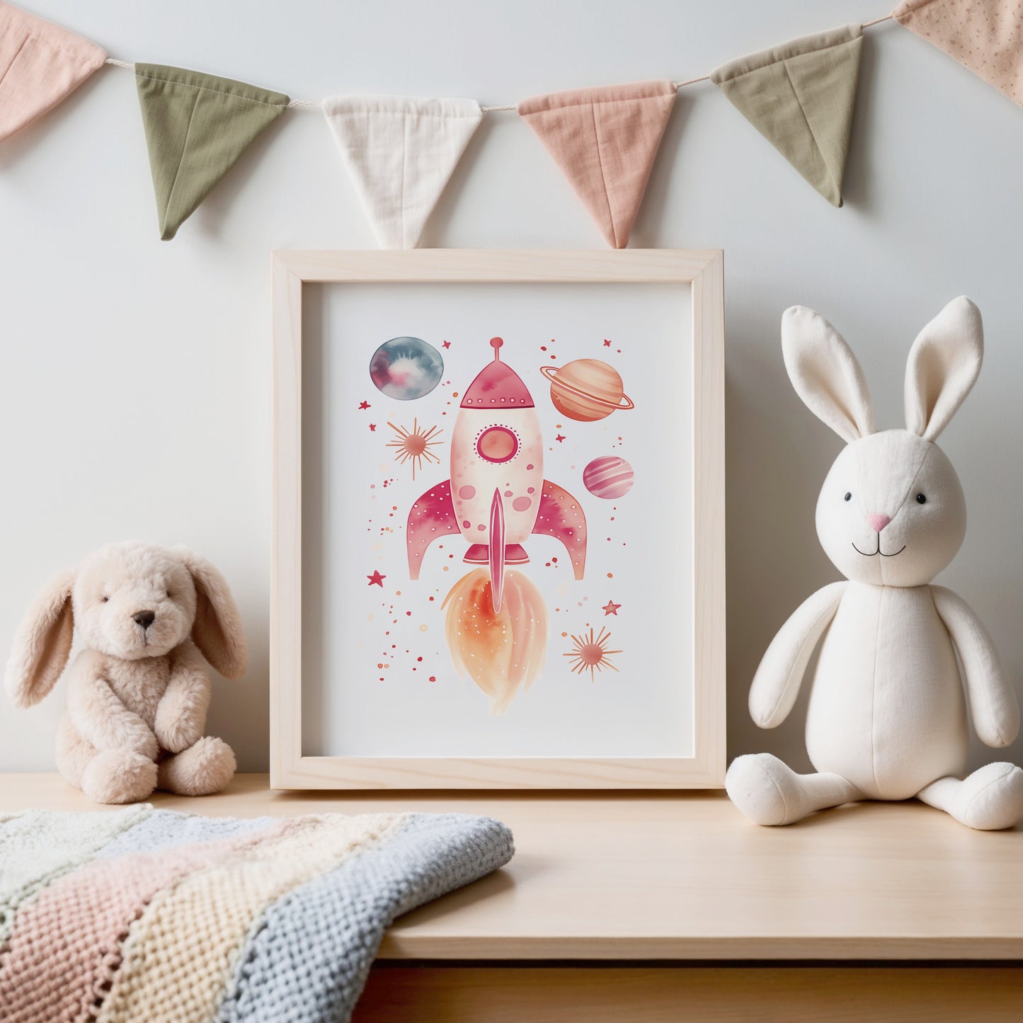 Vibrant Rocketship Nursery Art Framed Print product