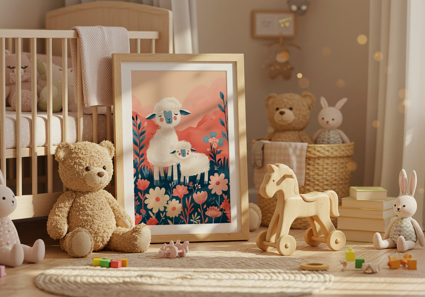 Cute Sheep and Flowers Nursery Print product