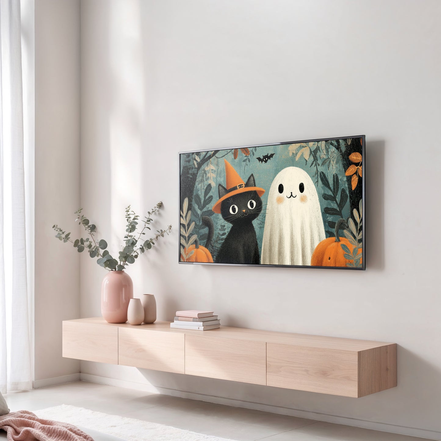 Halloween Canvas Wall Art, Cute Ghost and Cat, Autumn Home Decor, Spooky Themed Print