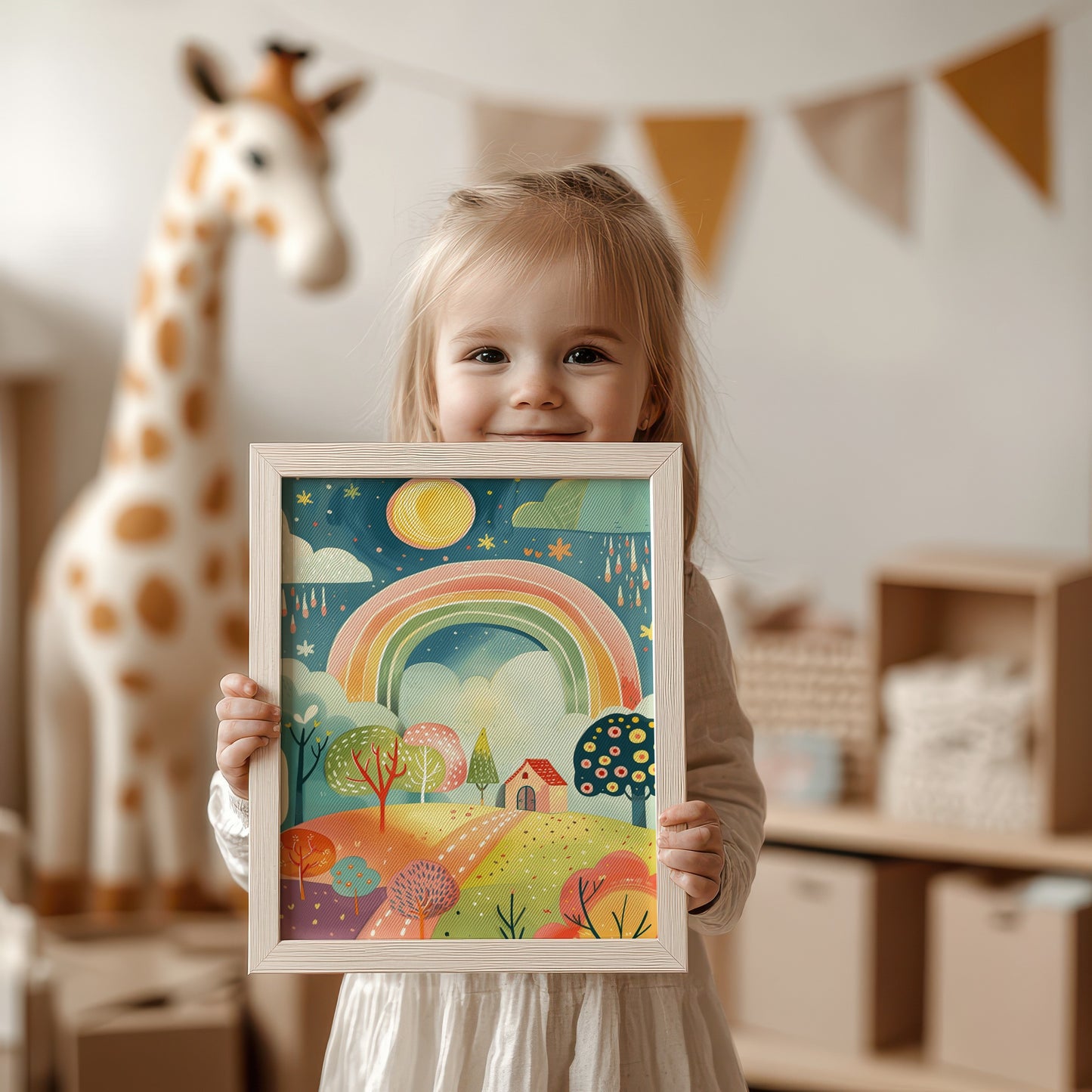 Colorful Rainbow and Giraffe Nursery Room Art product type
