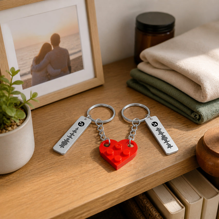 Heart Brick Music Code Couples Set Keychain