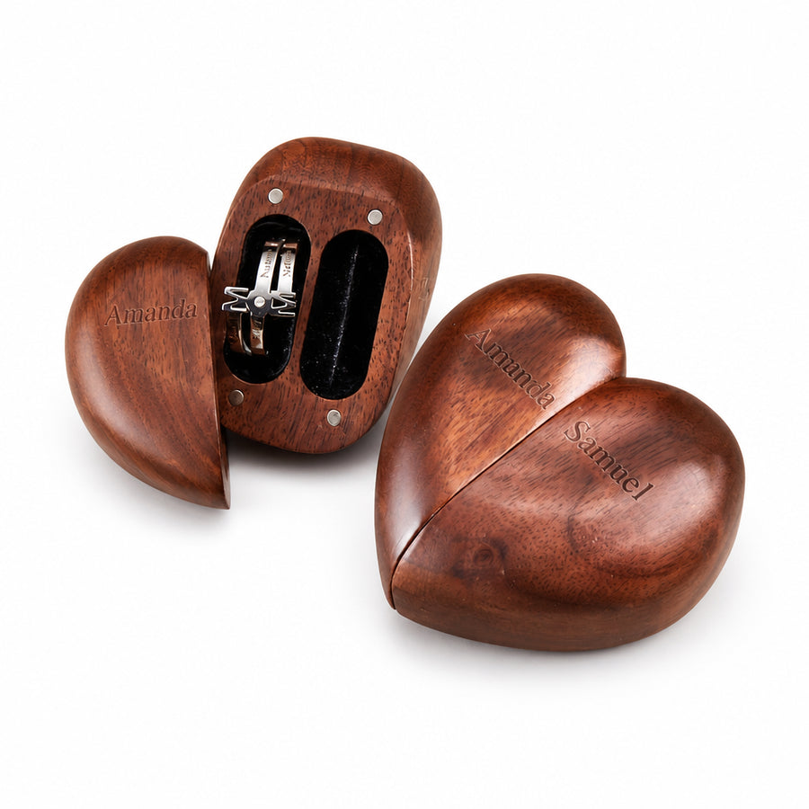 Wooden Heart Shaped Double Ring Box