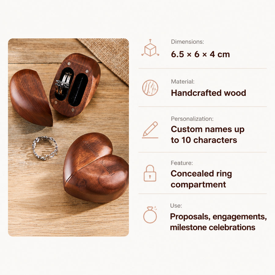 Wooden Heart Shaped Double Ring Box