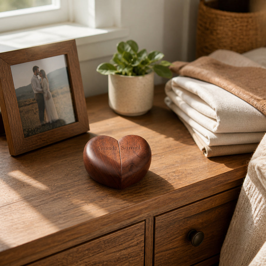 Wooden Heart Shaped Double Ring Box