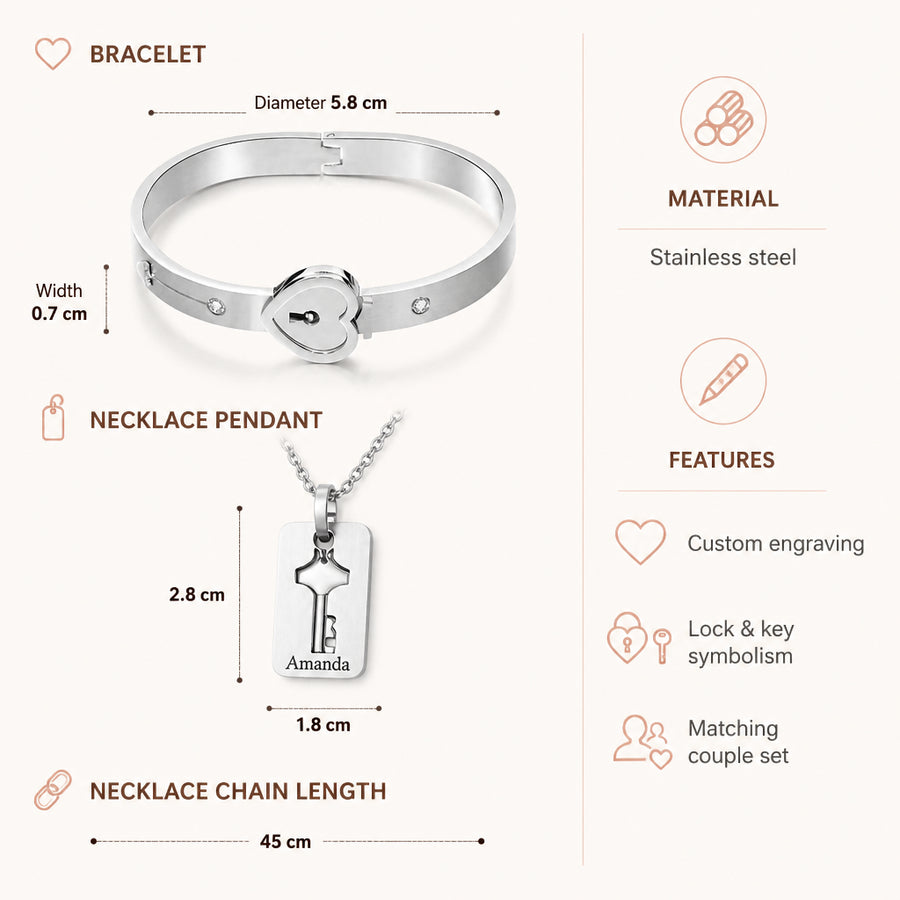Custom Engraved Lock and Key Matching Jewelry Set