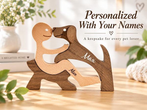 Custom Engraved Name Wood Dog & Owner Figurine