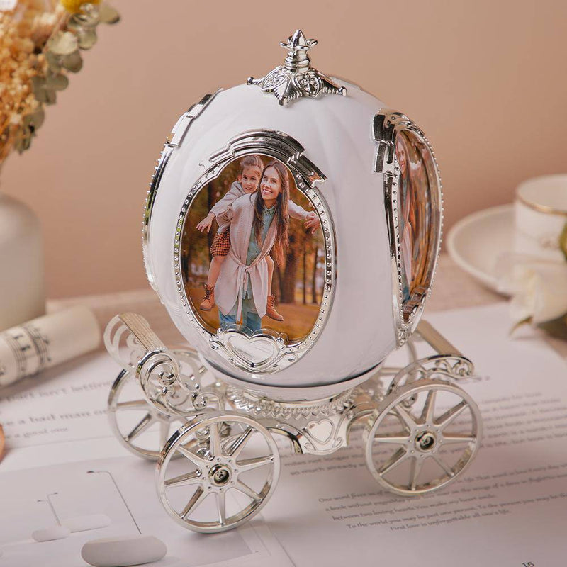 Puffin Lime custom photo frame carriage music box displaying four photos with intricate wood details and a charming musical mechanism.
