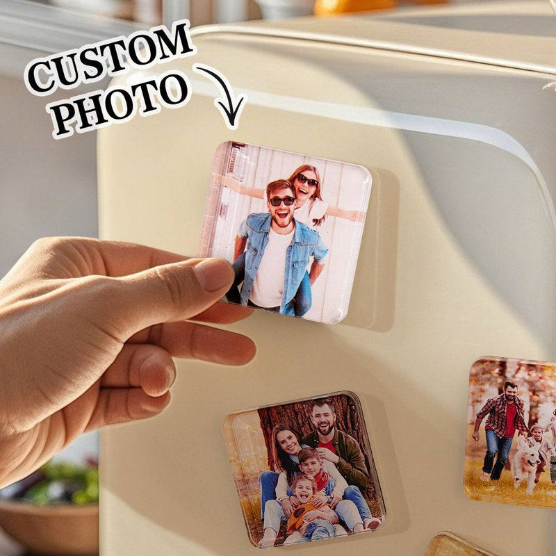 Acrylic square refrigerator magnet from MadeMine featuring a customizable photo frame for displaying personal images on a fridge.