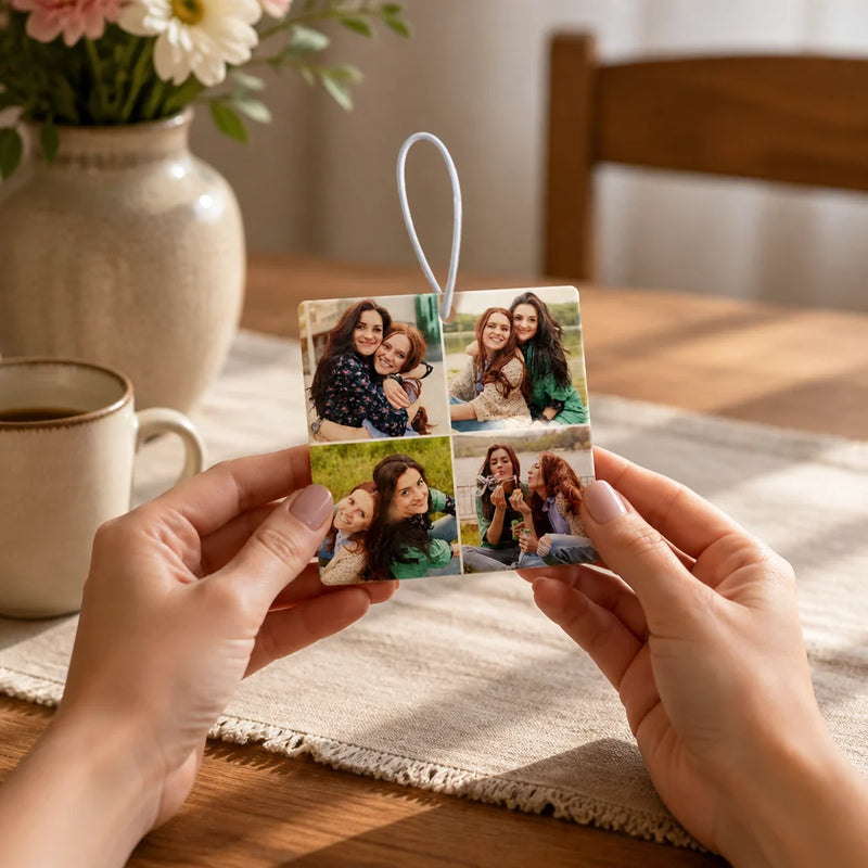 Custom Collage Photo Car Air Freshener · Hands Interacting at Kitchen Table