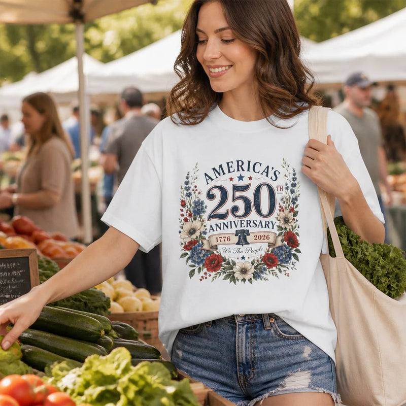 America's 250th Anniversary floral wreath T-Shirt · Morning Farmers' Market Lifestyle Scene