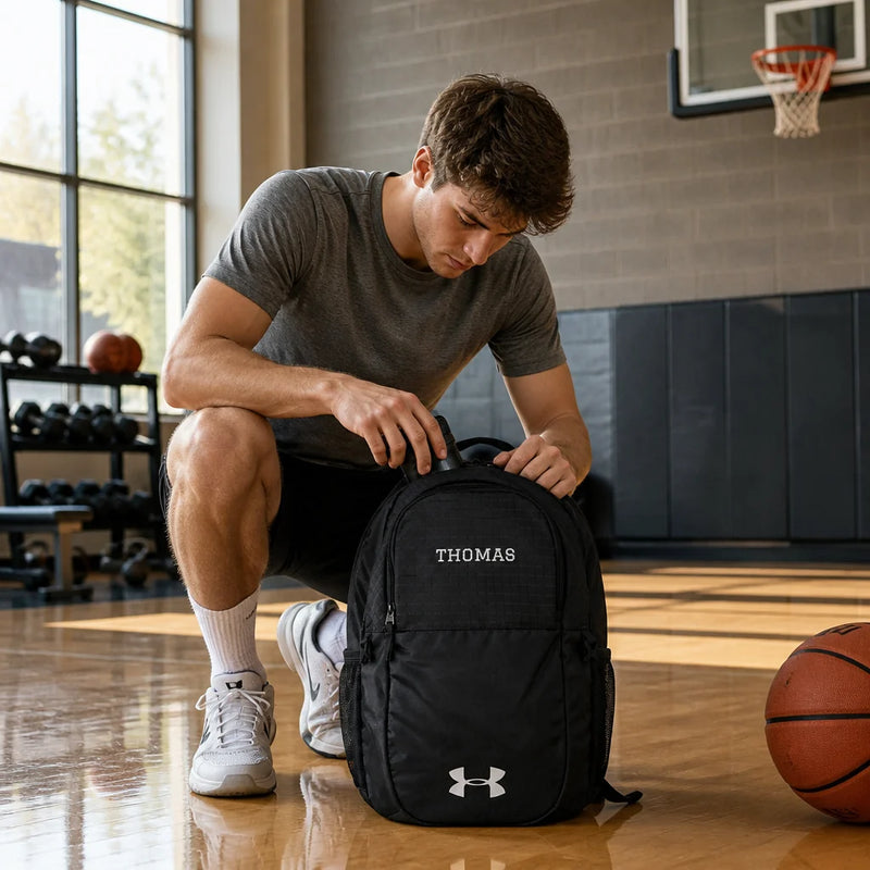 Distressed Name Embroidery Backpack Under Armour All Sport Backpack | Personalized Name · Lifestyle scene: gym use