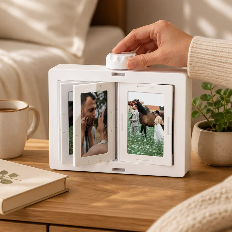 Custom Rotating 24 Photos Carousel Display · Cozy Home Lifestyle Scene with Carousel Display