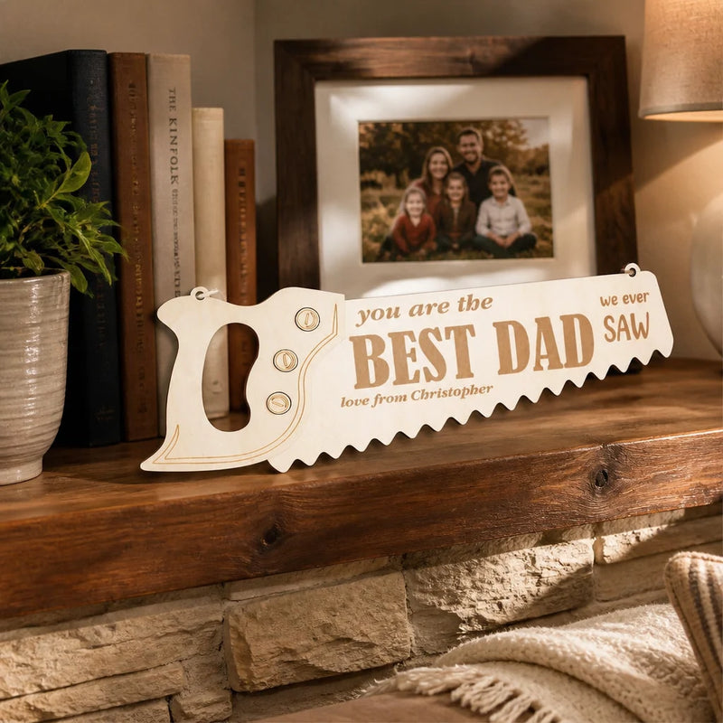 Personalized Engraved Wooden Saw Plaque · Cozy Home Display Scene