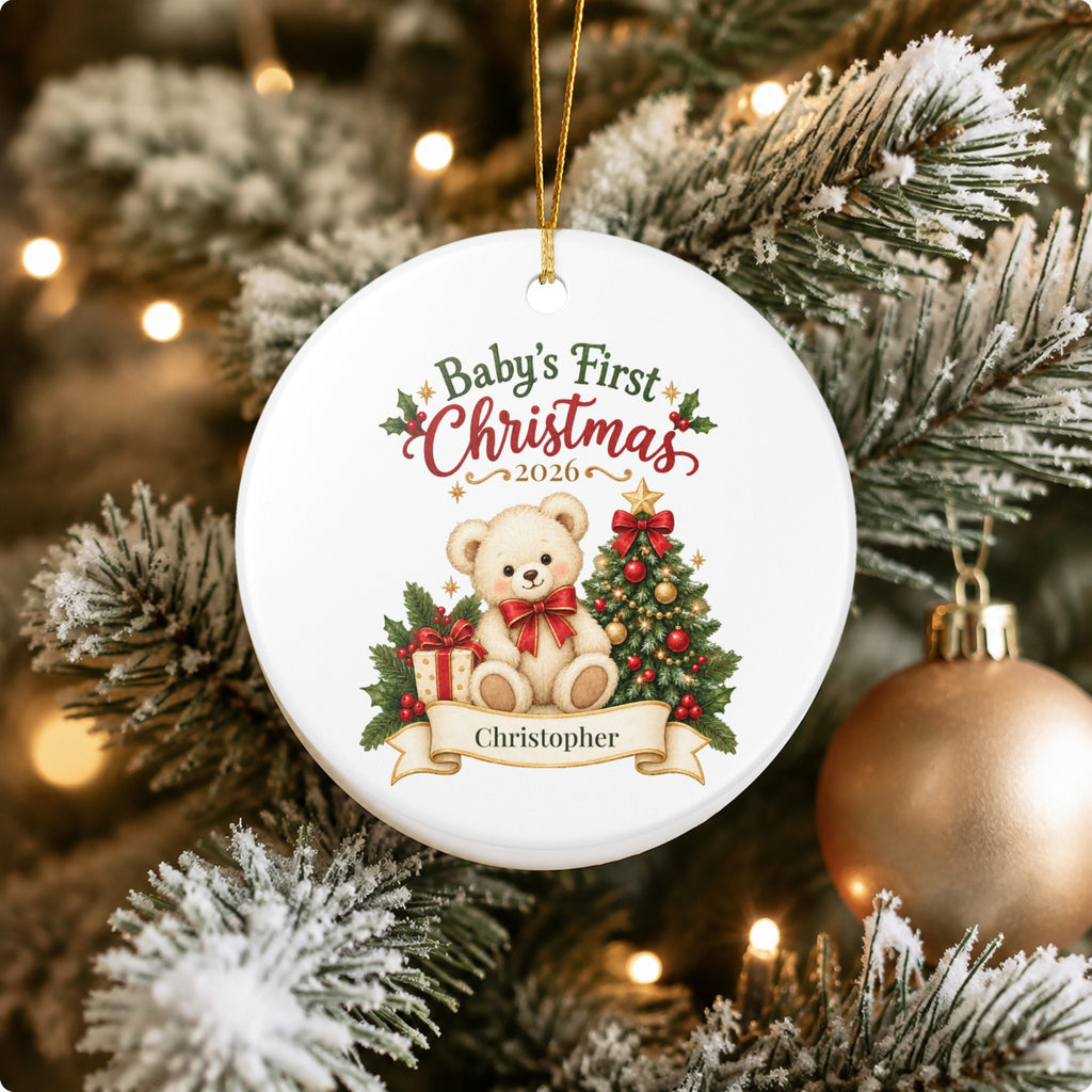 Personalized Baby's First Christmas Ornament - Teddy Bear & Gift Ribbon Ceramic