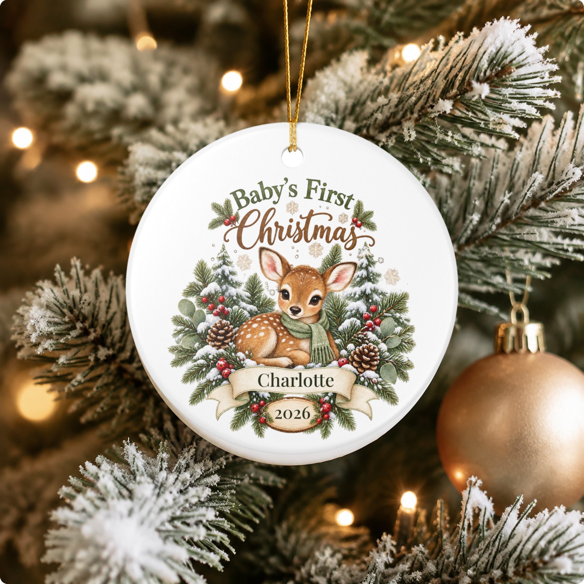 Personalized Baby's First Christmas Ornament - Woodland Fawn Ceramic Keepsake
