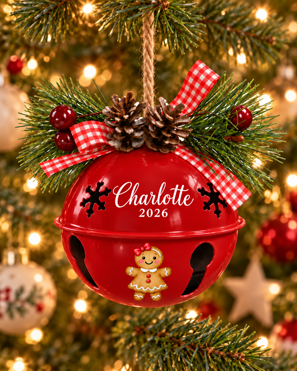 Personalized Gingerbread Girl Bell Ornament with Name & Year