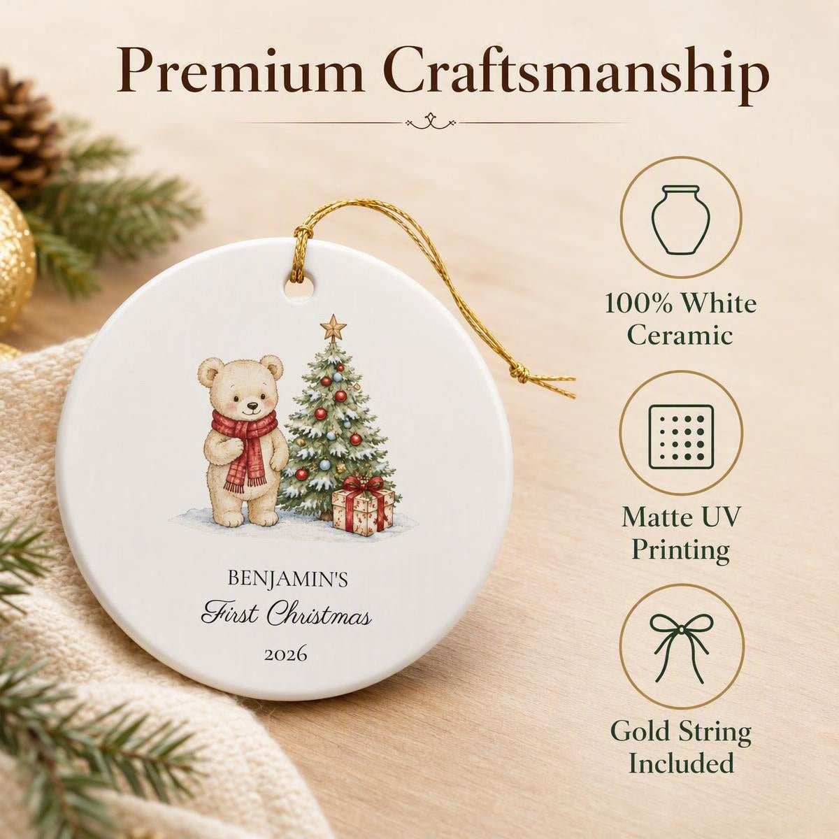 Personalized Baby's First Christmas Ornament - Teddy Bear & Tree