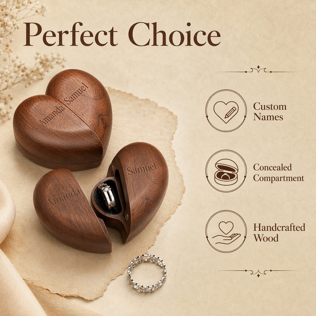 Wooden Heart Shaped Double Ring Box