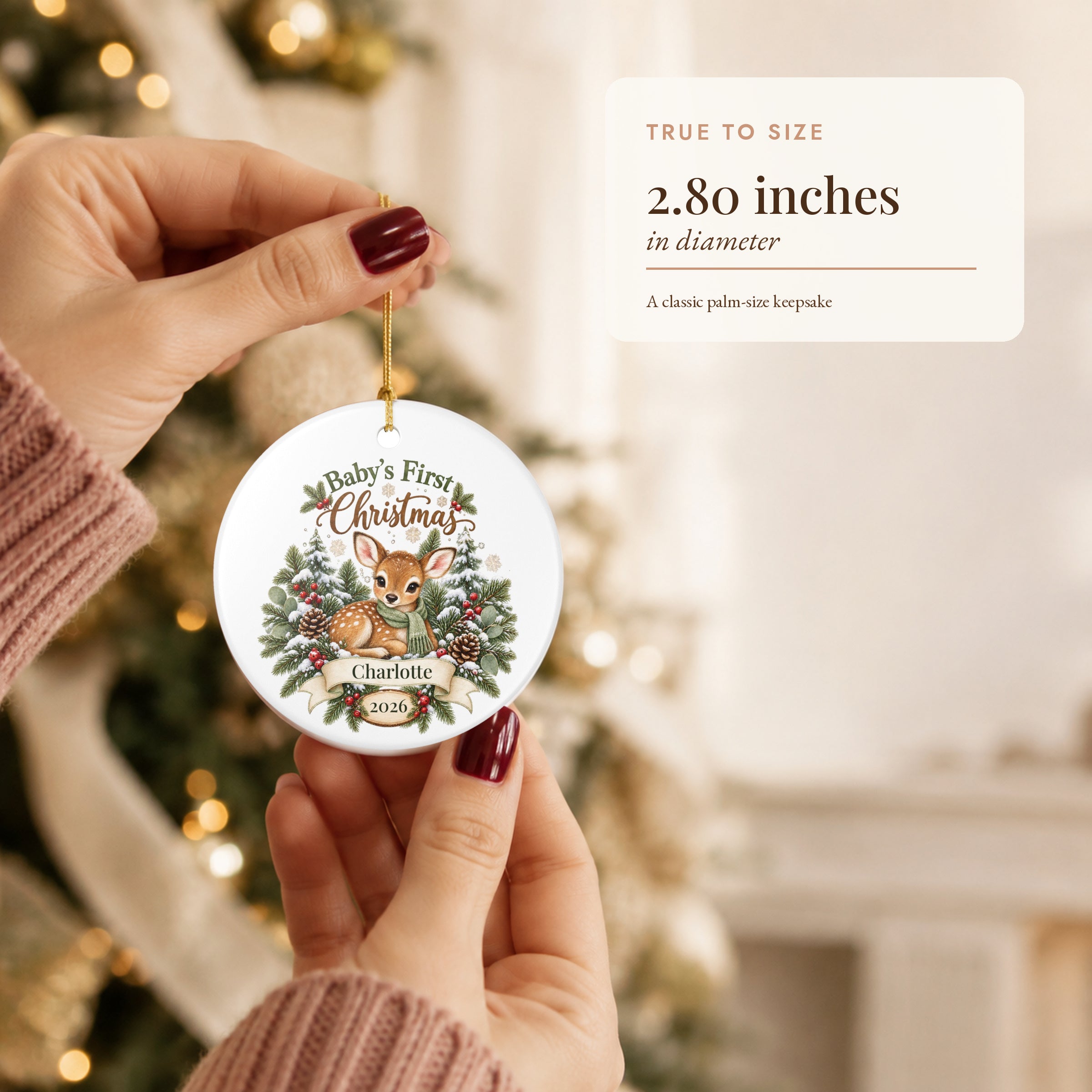 Personalized Baby's First Christmas Ornament - Woodland Fawn Ceramic Keepsake