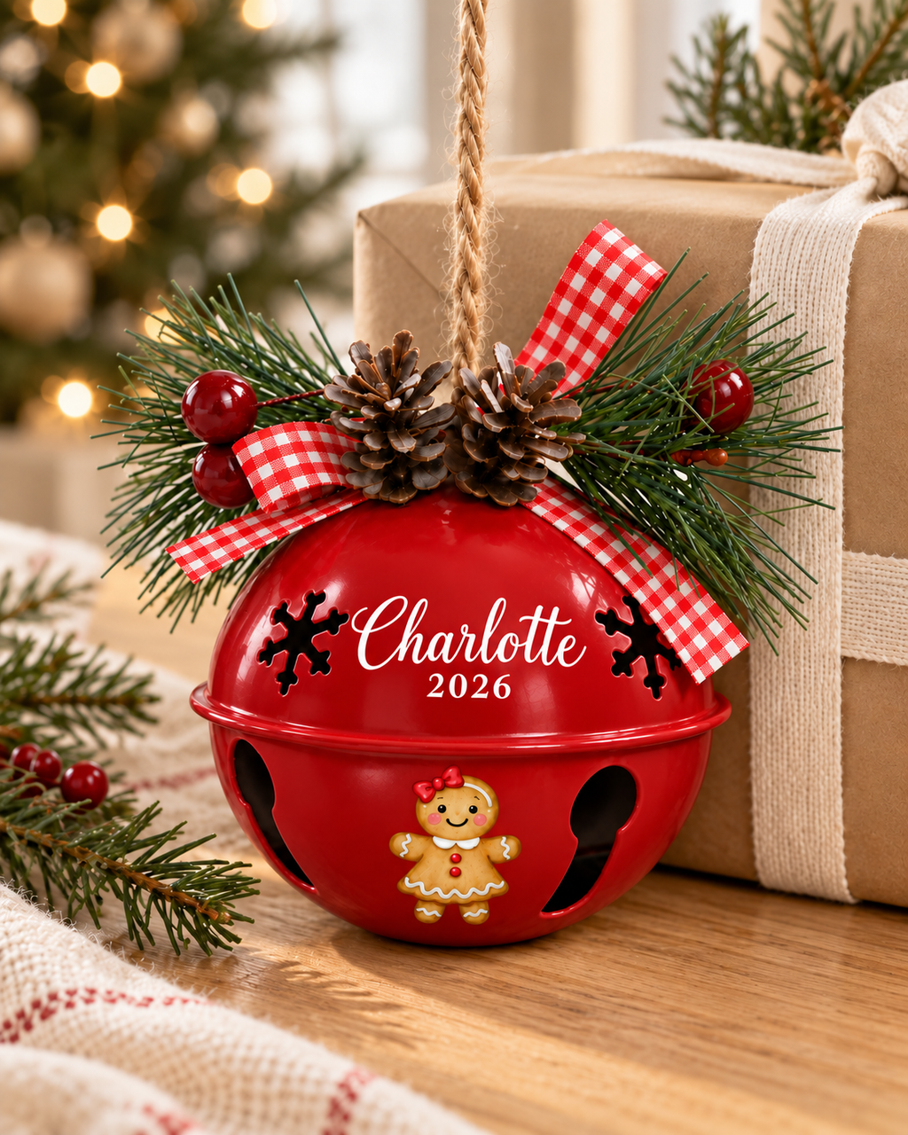 Personalized Gingerbread Girl Bell Ornament with Name & Year