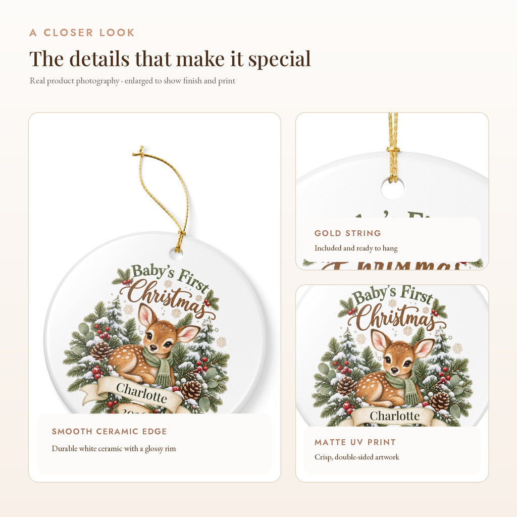 Personalized Baby's First Christmas Ornament - Woodland Fawn Ceramic Keepsake