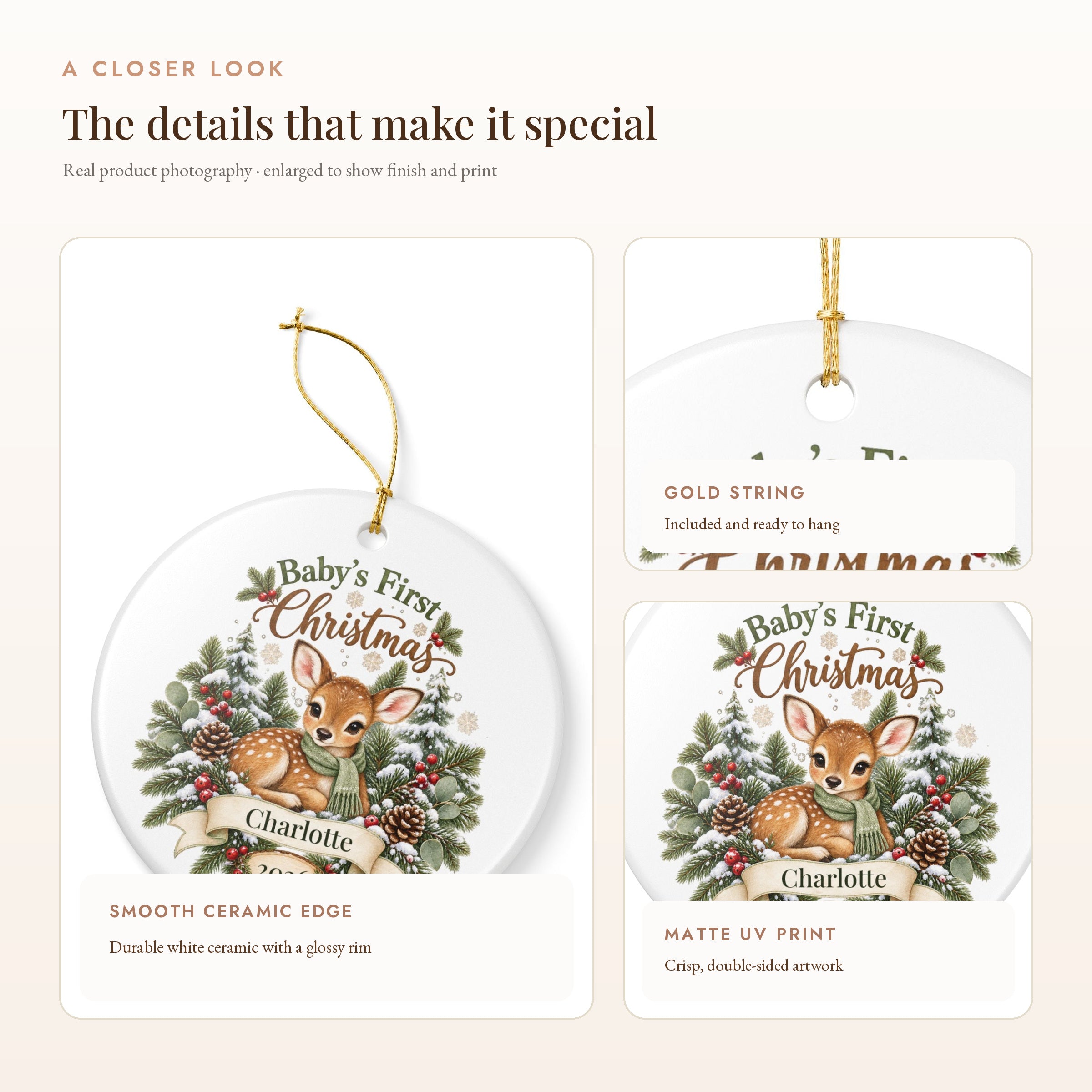 Personalized Baby's First Christmas Ornament - Woodland Fawn Ceramic Keepsake