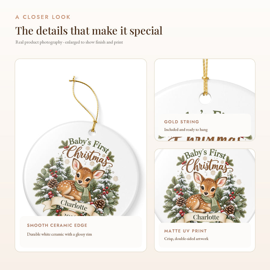 Personalized Baby's First Christmas Ornament - Woodland Fawn Ceramic Keepsake