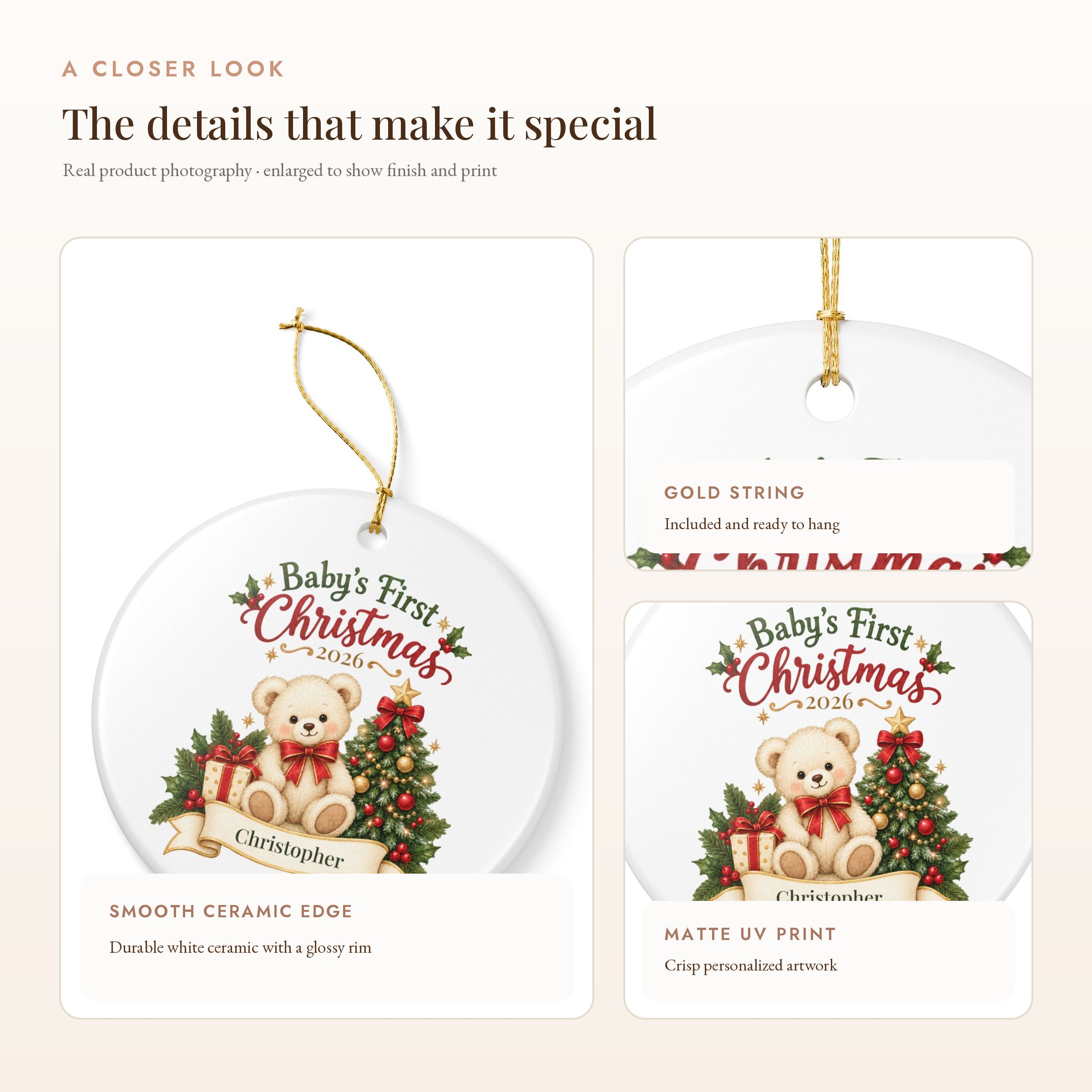 Personalized Baby's First Christmas Ornament - Teddy Bear & Gift Ribbon Ceramic