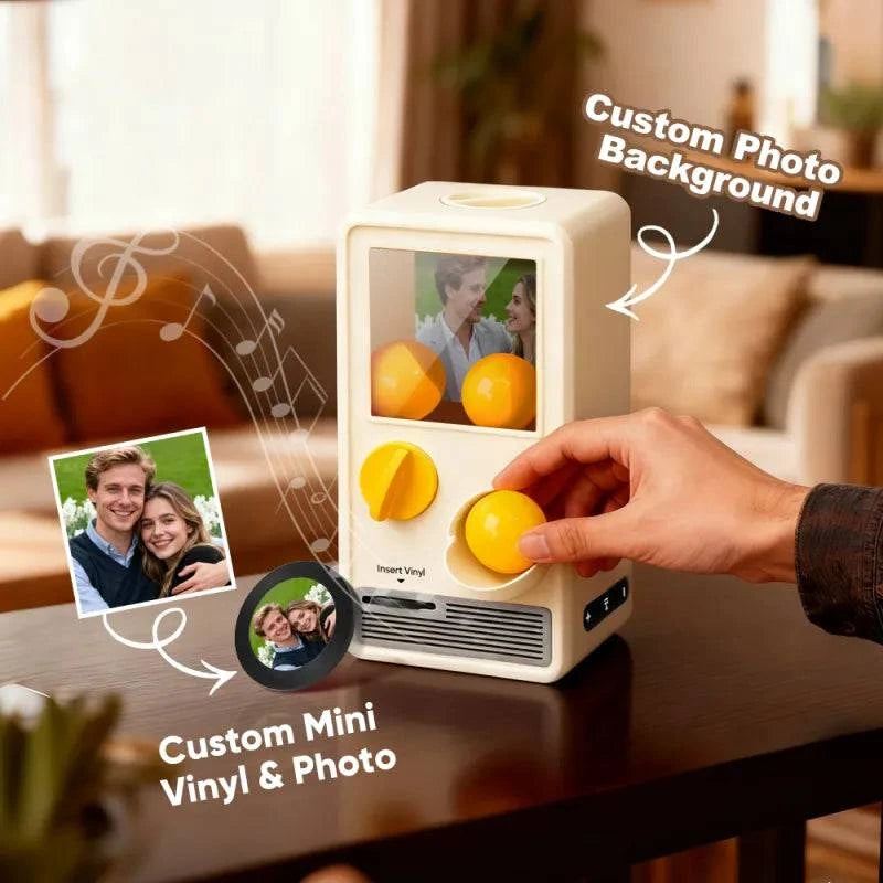 MadeMine personalized music Gachapon machine with custom photo and song capsules, featuring colorful design and compact size.