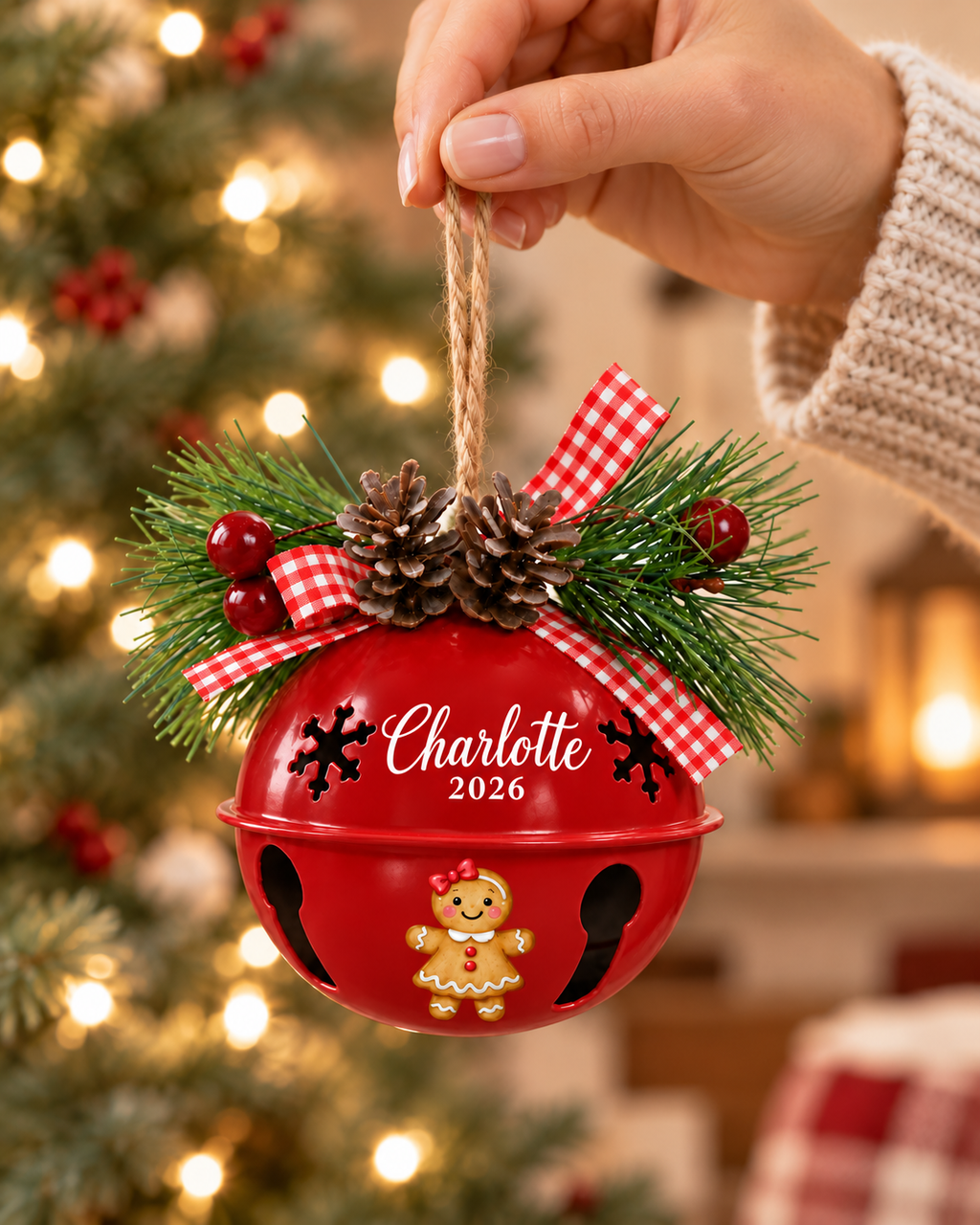 Personalized Gingerbread Girl Bell Ornament with Name & Year