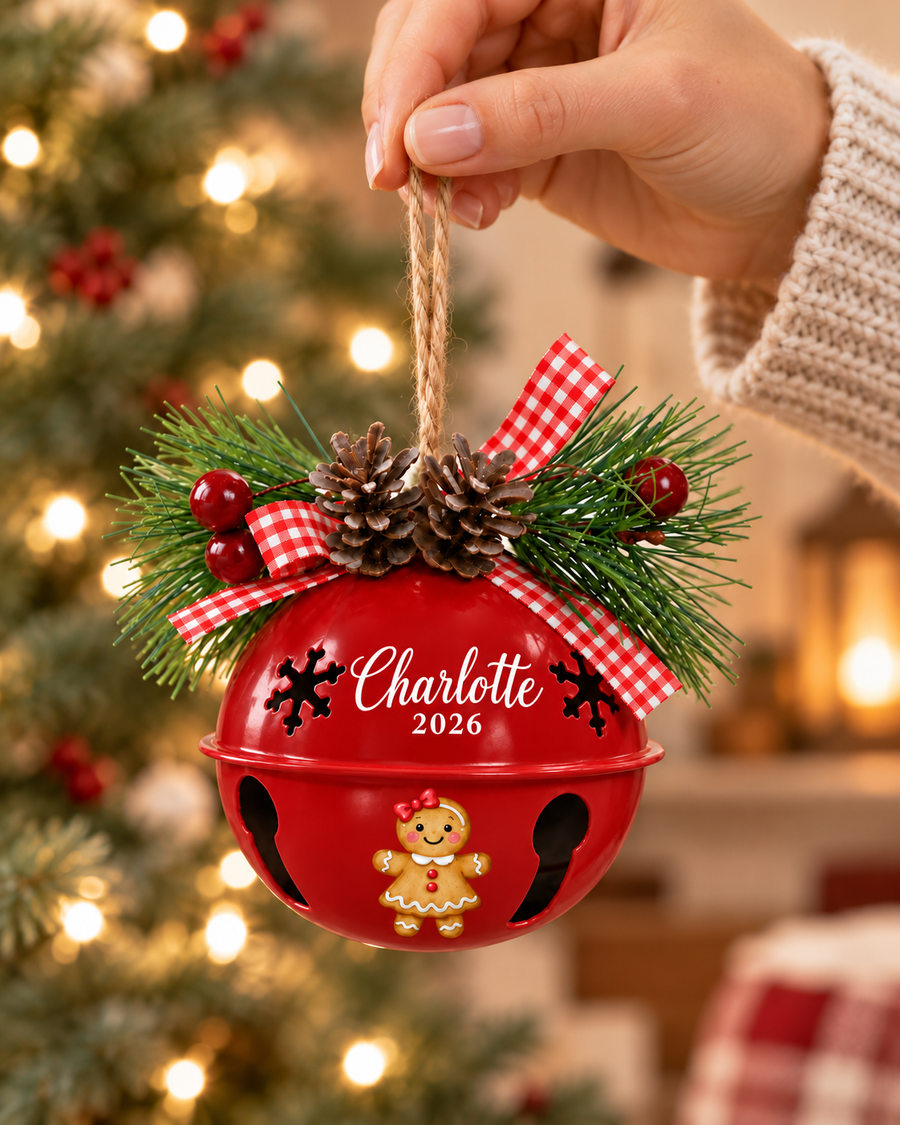 Personalized Gingerbread Girl Bell Ornament with Name & Year