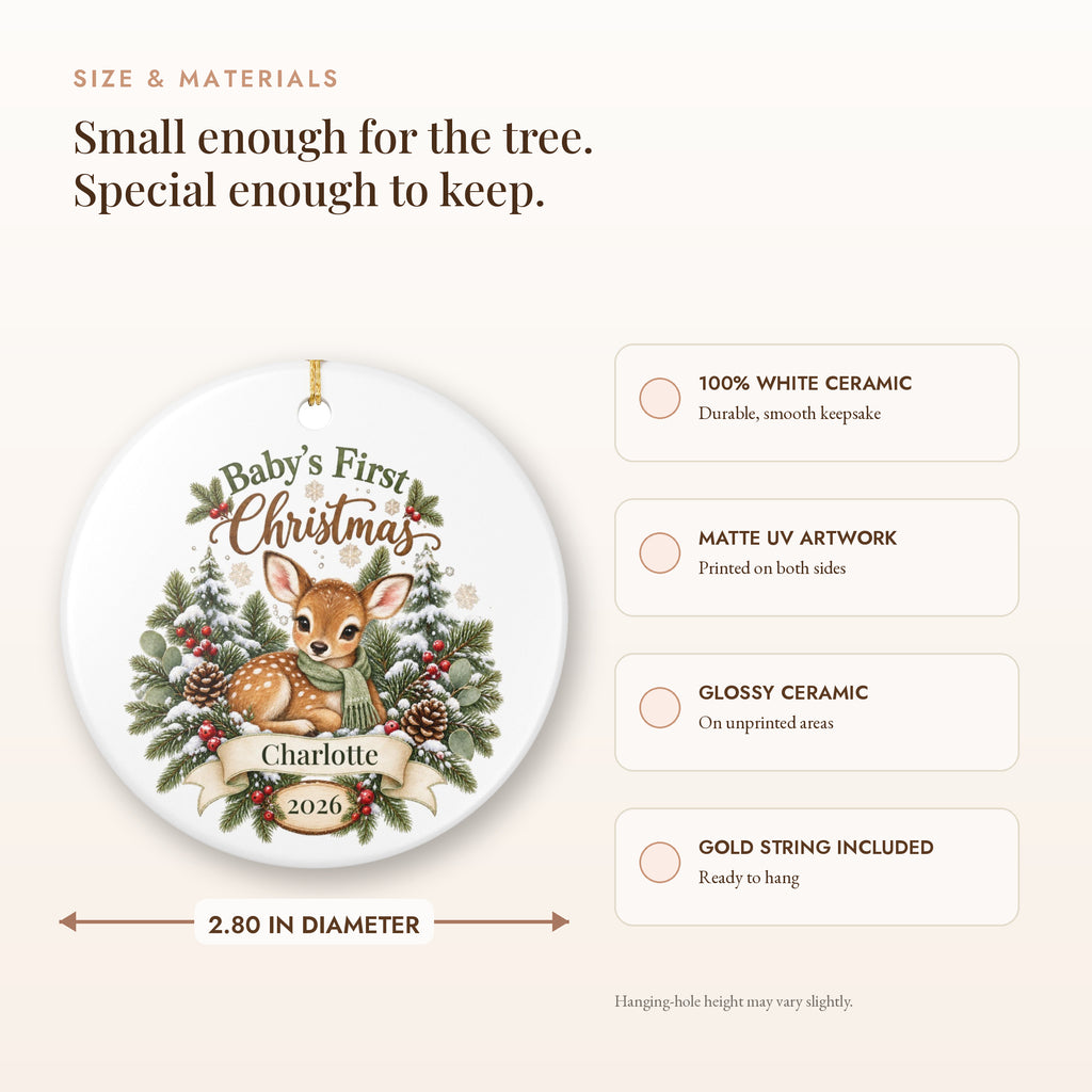 Personalized Baby's First Christmas Ornament - Woodland Fawn Ceramic Keepsake