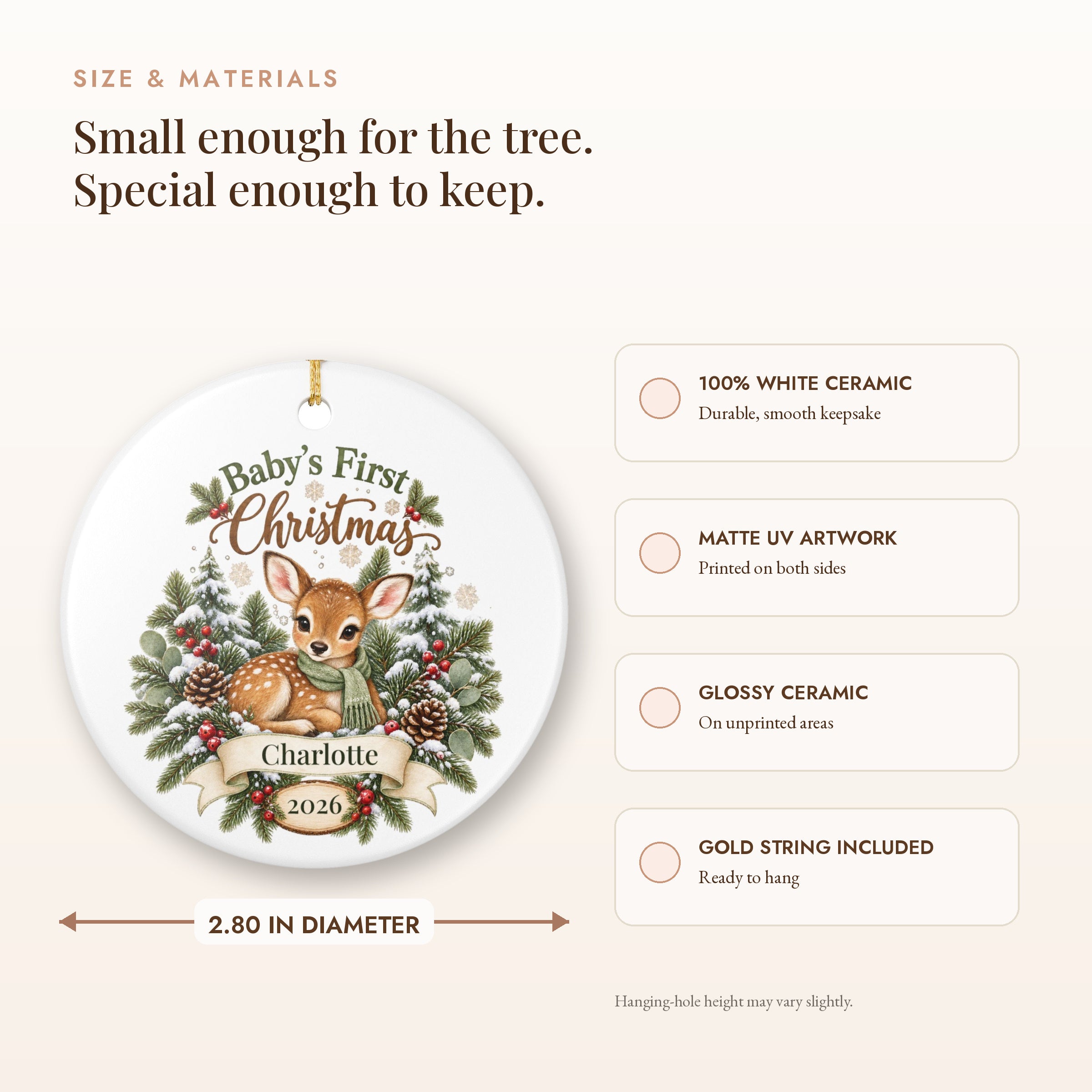 Personalized Baby's First Christmas Ornament - Woodland Fawn Ceramic Keepsake
