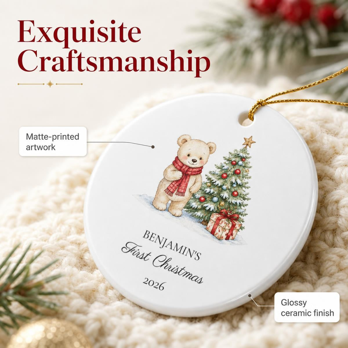 Personalized Baby's First Christmas Ornament - Teddy Bear & Tree
