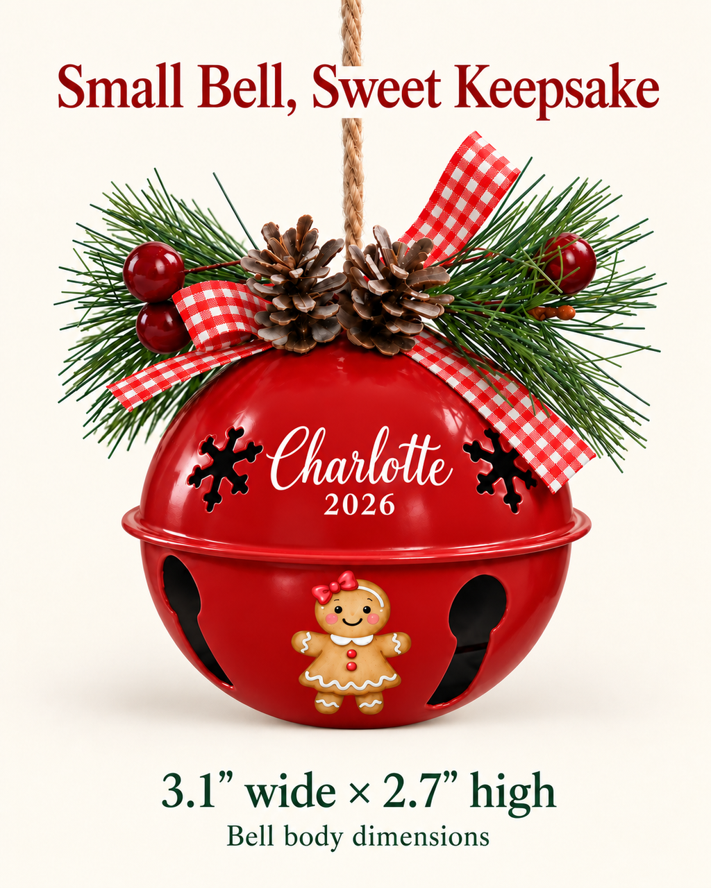 Personalized Gingerbread Girl Bell Ornament with Name & Year