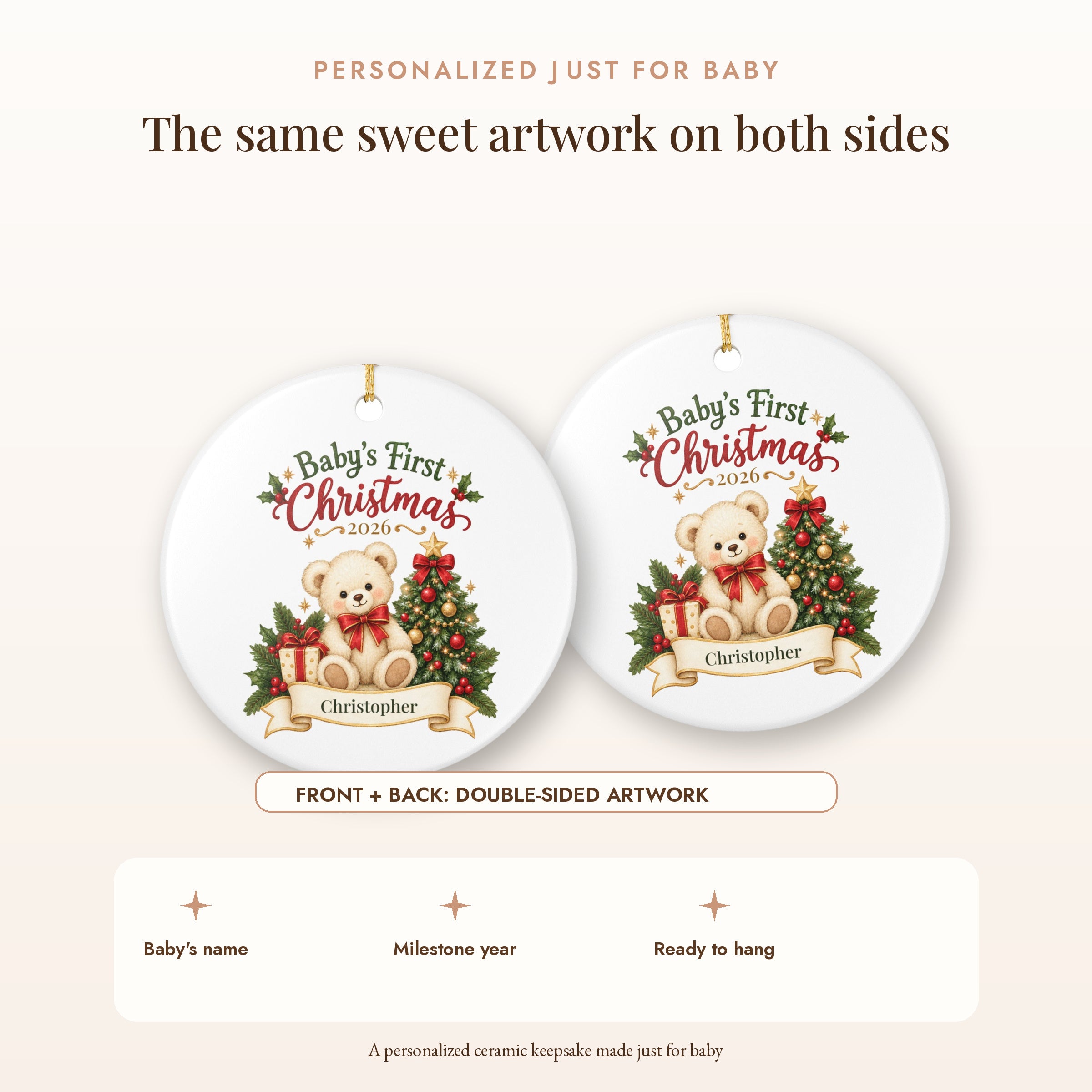 Personalized Baby's First Christmas Ornament - Teddy Bear & Gift Ribbon Ceramic