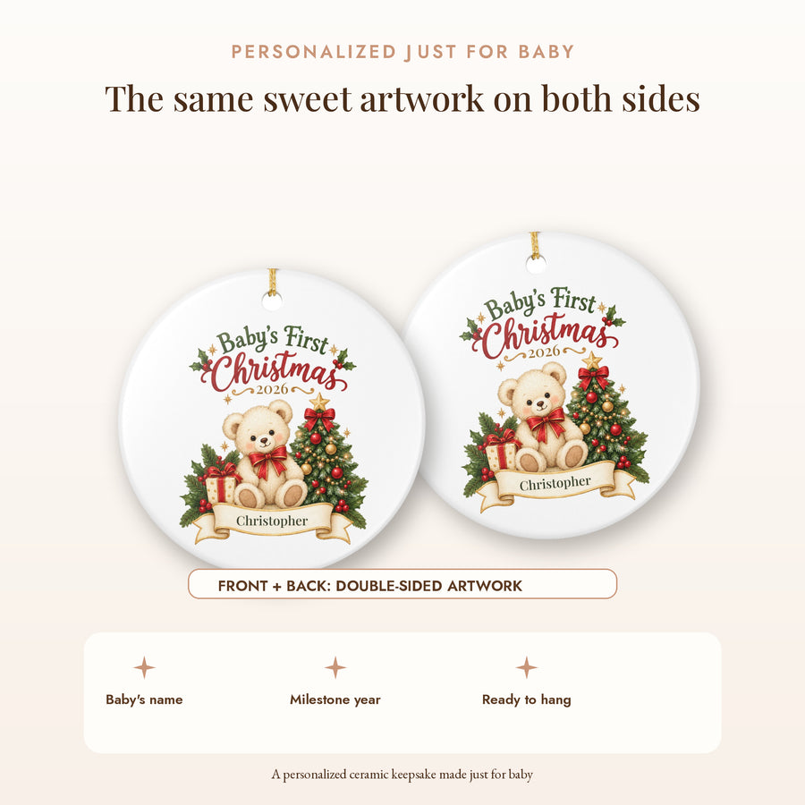 Personalized Baby's First Christmas Ornament - Teddy Bear & Gift Ribbon Ceramic