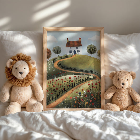 Cozy Cottage and Pathway Art Print for Nursery product type