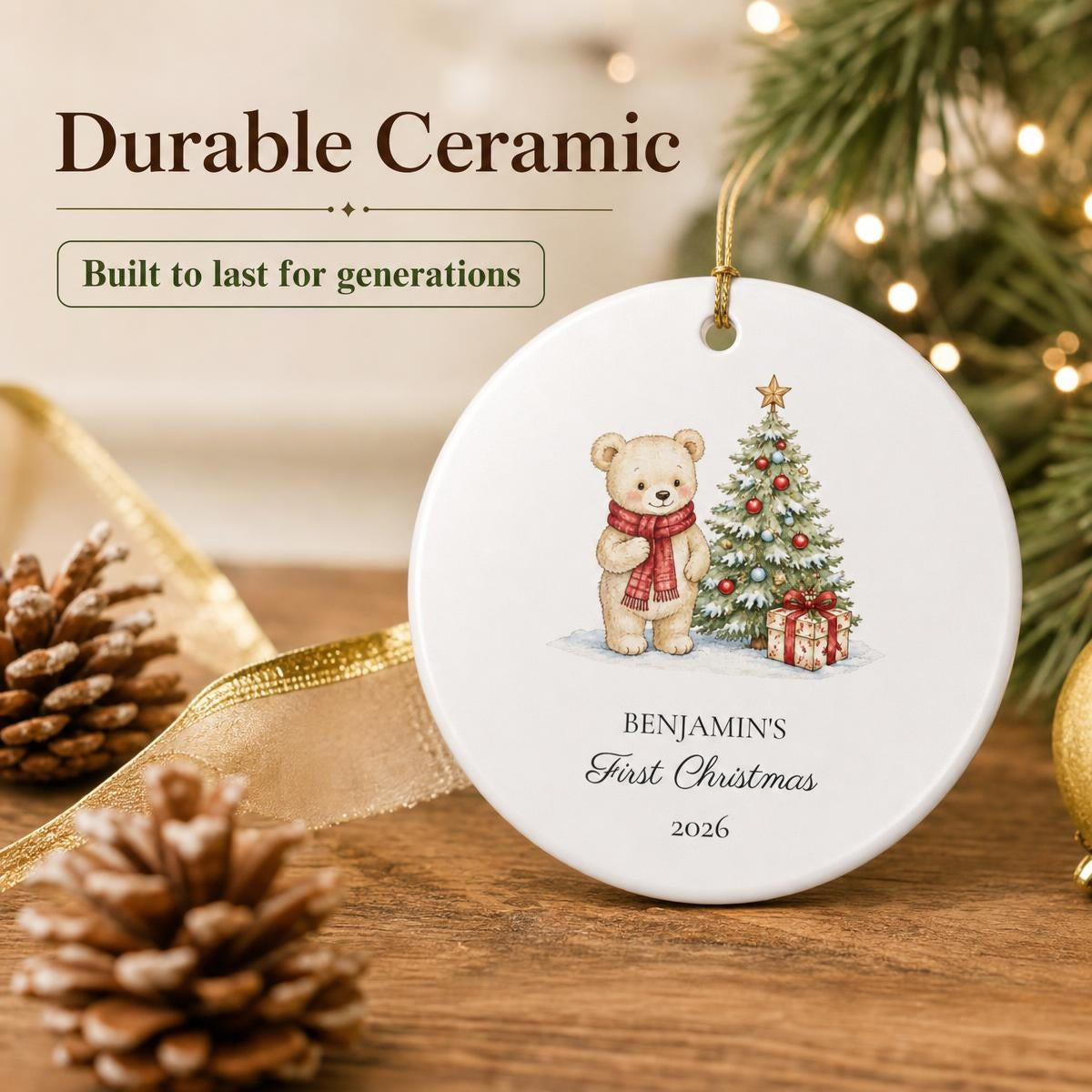 Personalized Baby's First Christmas Ornament - Teddy Bear & Tree