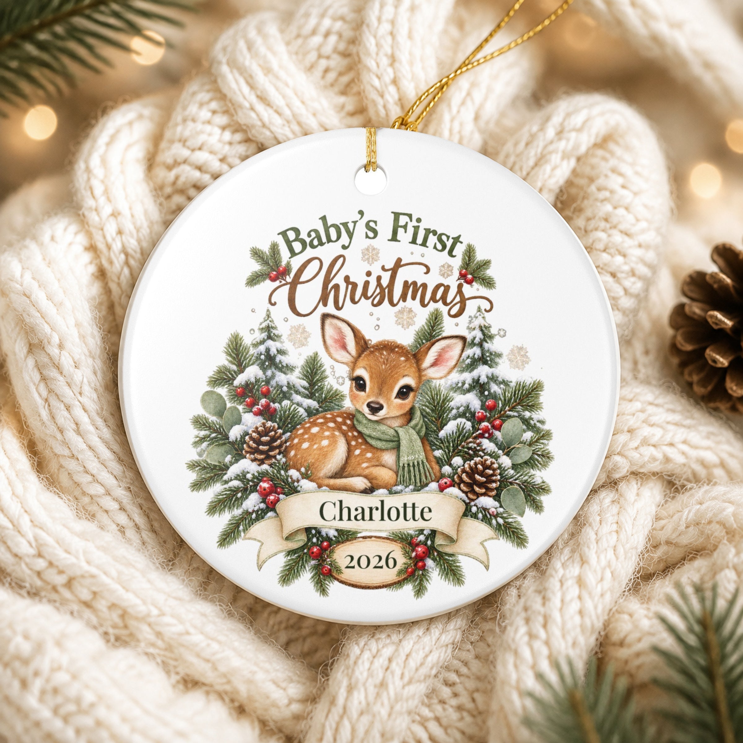 Personalized Baby's First Christmas Ornament - Woodland Fawn Ceramic Keepsake