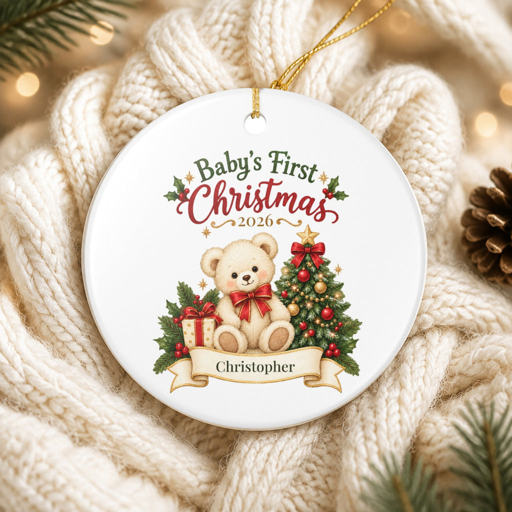 Personalized Baby's First Christmas Ornament - Teddy Bear & Gift Ribbon Ceramic