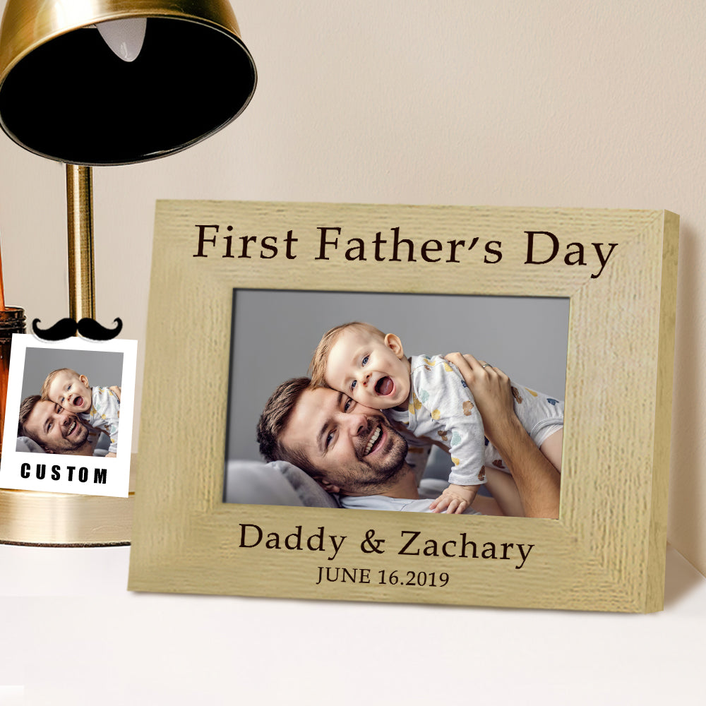 Personalized First Father's Day Photo Frame - Custom Wooden Gift