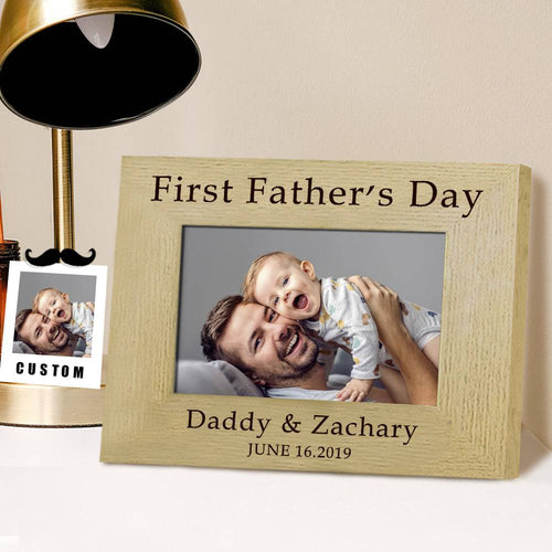 MadeMine personalized wooden photo frame for First Father's Day, featuring custom engraving and space for a special photo.