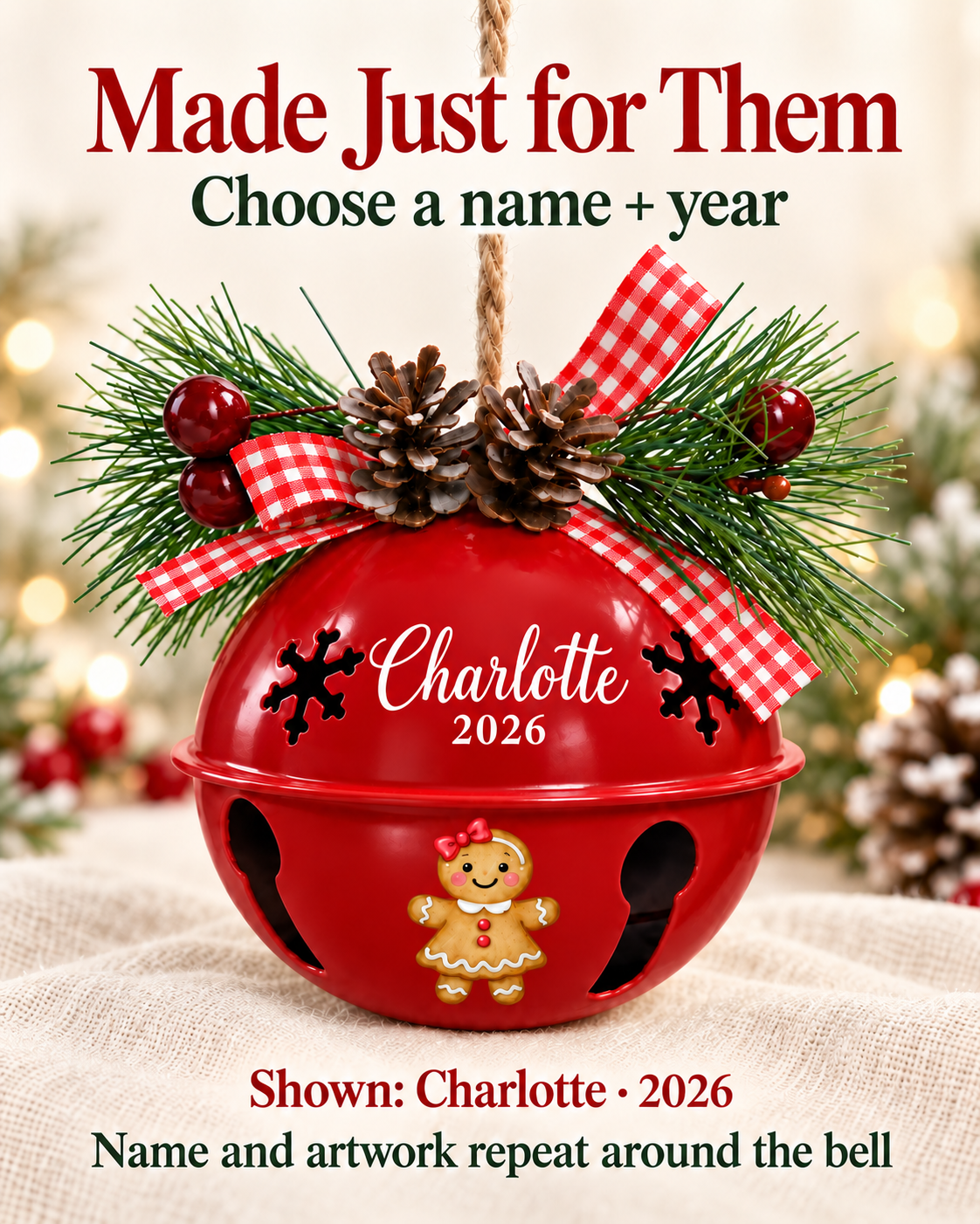 Personalized Gingerbread Girl Bell Ornament with Name & Year
